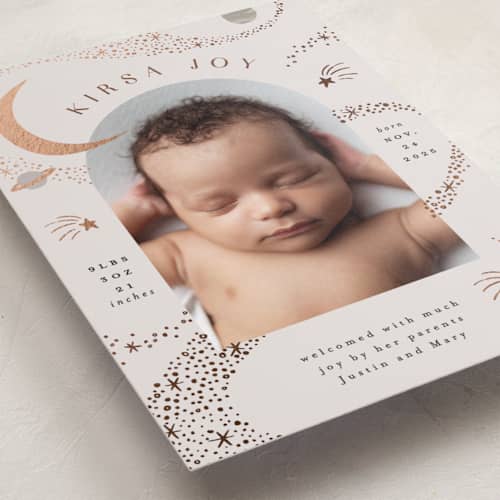This is a mocha foil stamped birth announcements with foil pressed by Alethea and Ruth called galaxy printing on recycled smooth signature in standard