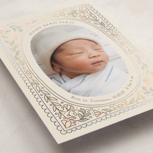This is a ivory foil stamped birth announcements with foil pressed by Becky Nimoy called scallop watercolor printing on recycled smooth signature in standard