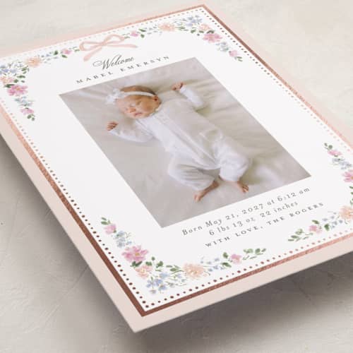 This is a blush foil stamped birth announcements with foil pressed by Itsy Belle Studio called merie printing on recycled smooth signature in standard