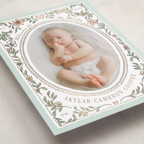 This is a turquoise foil stamped birth announcements with foil pressed by Leah Bisch called nature frame printing on recycled smooth signature in standard