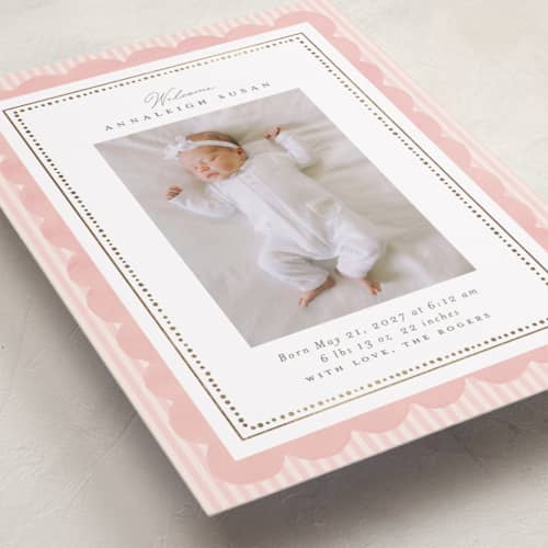 This is a blush foil stamped birth announcements with foil pressed by Itsy Belle Studio called fia printing on recycled smooth signature in standard