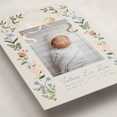 This is a soft linen foil stamped birth announcements with foil pressed by Tasha Meurer called garden lullaby dream printing on recycled smooth signature in standard