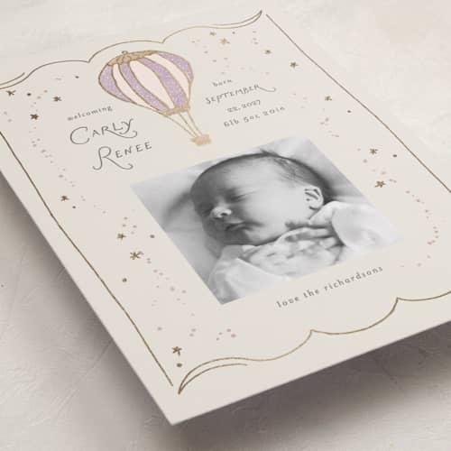 This is a lilac foil stamped birth announcements with foil pressed by Summer Winkelman called balloon whimsy printing on recycled smooth signature in standard