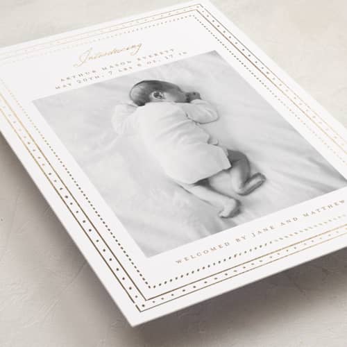 This is a cloud foil stamped birth announcements with foil pressed by Jelena Vuletic called aire printing on recycled smooth signature in standard
