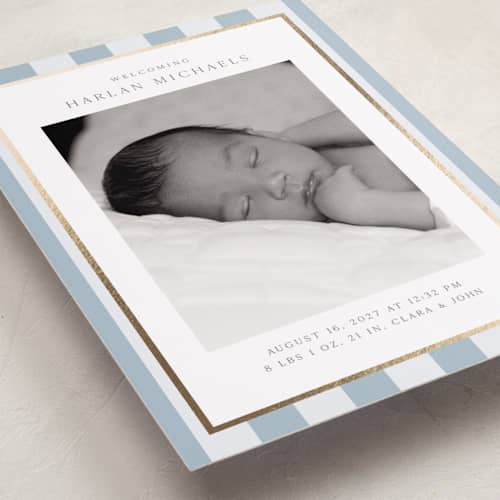 This is a sky foil stamped birth announcements with foil pressed by Nicole Walsh called modern stripe printing on recycled smooth signature in standard
