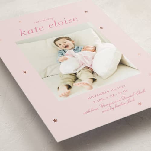 This is a ballet slipper foil stamped birth announcements with foil pressed by Megan Davis called plum perfect printing on recycled smooth signature in standard