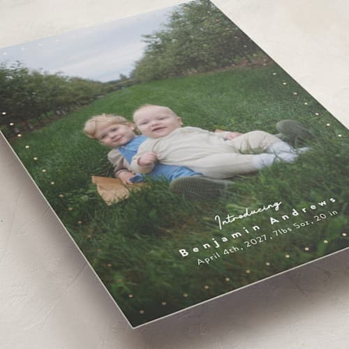 This is a oatmeal foil stamped birth announcements with foil pressed by Adelyn T. called twinkle printing on recycled smooth signature in standard