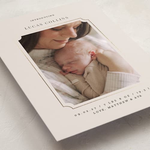 This is a linen foil stamped birth announcements with foil pressed by Cass Loh called tender welcome printing on recycled smooth signature in standard