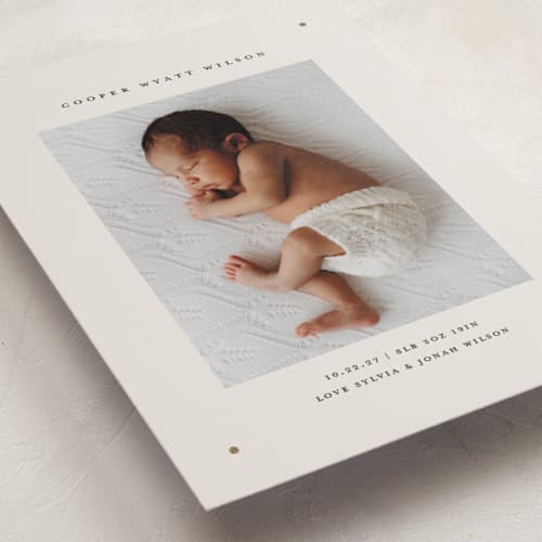 This is a ink foil stamped birth announcements with foil pressed by Kelly Watkins called mini dot printing on recycled smooth signature in standard