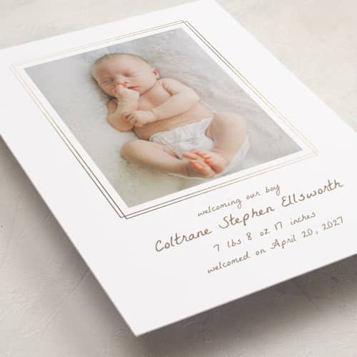This is a cocoa foil stamped birth announcements with foil pressed by chocomocacino called caufre printing on recycled smooth signature in standard