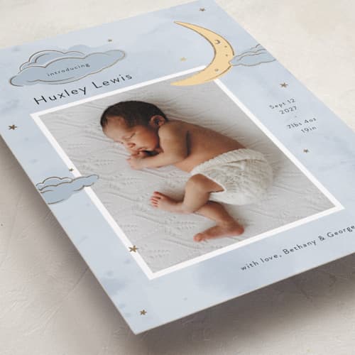 This is a night foil stamped birth announcements with foil pressed by letterfix called sweet dreams printing on recycled smooth signature in standard