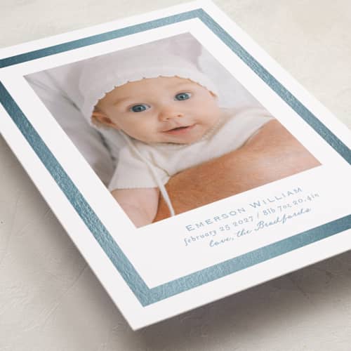 This is a sky foil stamped birth announcements with foil pressed by Tamara Hilje called tiny gild printing on recycled smooth signature in standard
