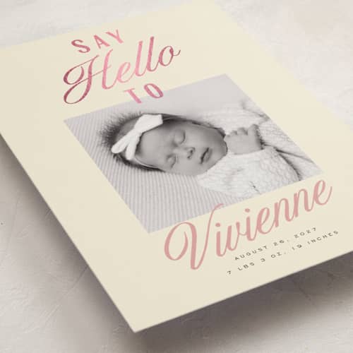 This is a lemonade foil stamped birth announcements with foil pressed by Everett Paper Goods called adeline printing on recycled smooth signature in standard