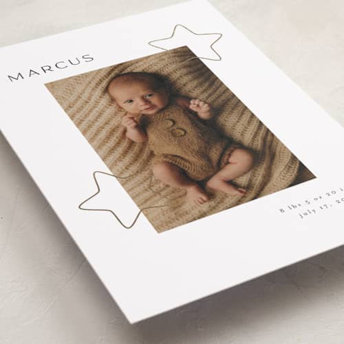 This is a snow foil stamped birth announcements with foil pressed by Iveta Angelova called cute stars printing on recycled smooth signature in standard