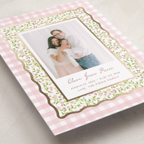 This is a peony foil stamped birth announcements with foil pressed by Creo Study called patio printing on recycled smooth signature in standard