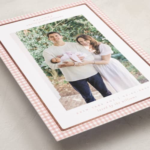 This is a blush foil stamped birth announcements with foil pressed by Claudia Orengo called preppy fabric printing on recycled smooth signature in standard