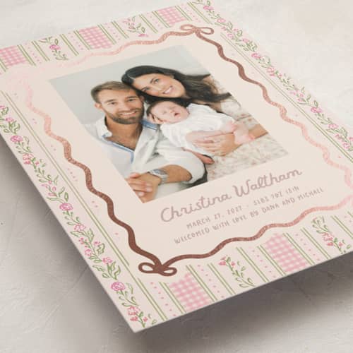 This is a ballet slipper foil stamped birth announcements with foil pressed by Creo Study called cottagecore wallpaper printing on recycled smooth signature in standard