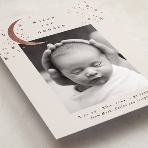 This is a cream foil stamped birth announcements with foil pressed by Alethea and Ruth called crescent moon and stars printing on recycled smooth signature in standard