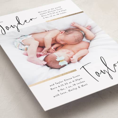 This is a silk foil stamped birth announcements with foil pressed by Pink House Press called double the love printing on recycled smooth signature in standard
