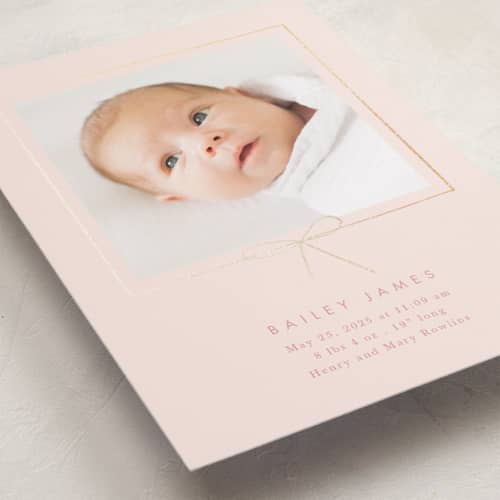 This is a petal foil stamped birth announcements with foil pressed by Baumbirdy called little bow printing on recycled smooth signature in standard