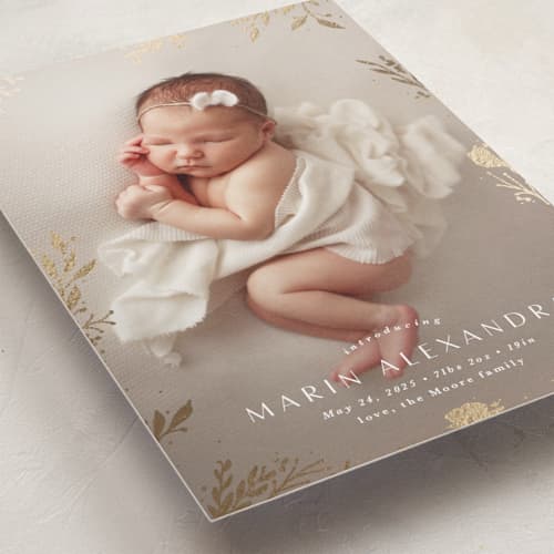 This is a sand foil stamped birth announcements with foil pressed by Kate Ahn called sparkling florals printing on recycled smooth signature in standard