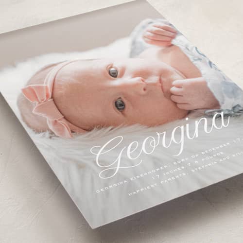 This is a marshmallow birth announcements with standard by chocomocacino called cupcake printing on recycled smooth signature in standard
