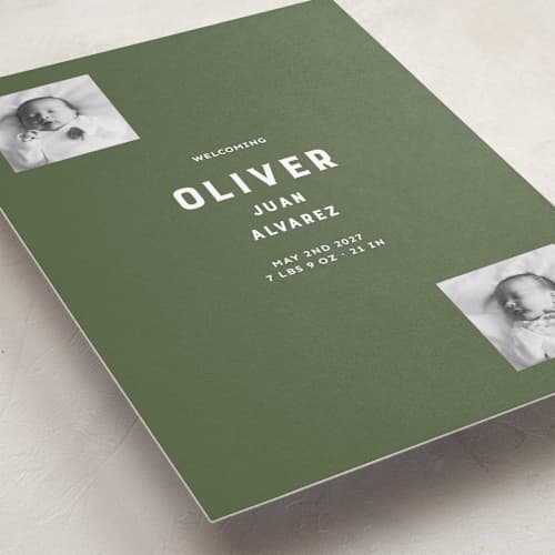 This is a olive birth announcements with standard by Studio Suku called oliver printing on recycled smooth signature in standard