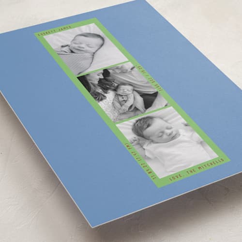 This is a cerulean birth announcements with standard by Baumbirdy called photo booth printing on recycled smooth signature in standard