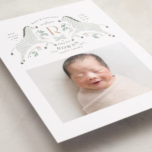 This is a seafoam birth announcements with standard by Griffinbell Paper Co. called hearts and stripes printing on recycled smooth signature in standard