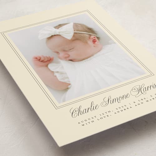 This is a creme birth announcements with standard by mo kelley called classical border printing on recycled smooth signature in standard