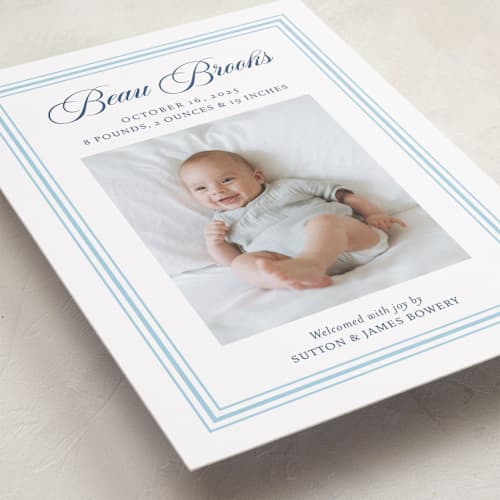 This is a baby blue birth announcements with standard by Alston Foster called little darling printing on recycled smooth signature in standard