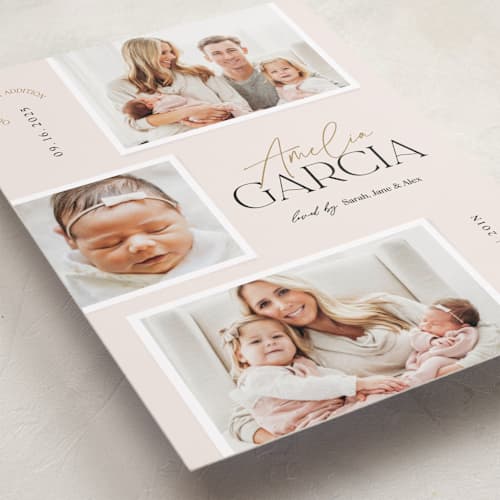 This is a blush birth announcements with standard by Elan Studio called meet our baby printing on recycled smooth signature in standard