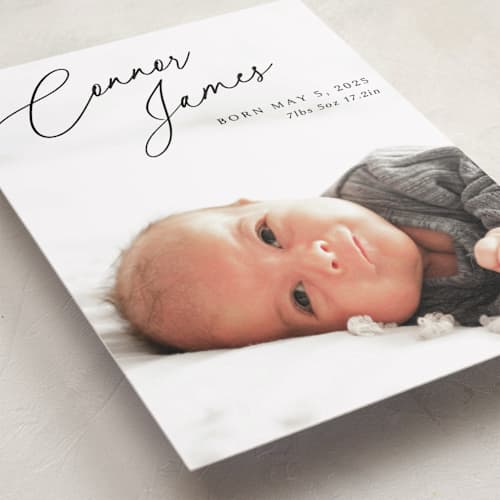 This is a obsidian birth announcements with standard by Kaydi Bishop called on the horizon printing on recycled smooth signature in standard