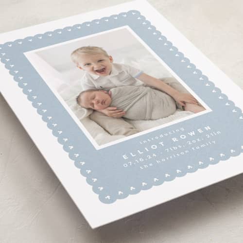 This is a chambray birth announcements with standard by Lea Delaveris called mickey fabric frame printing on recycled smooth signature in standard