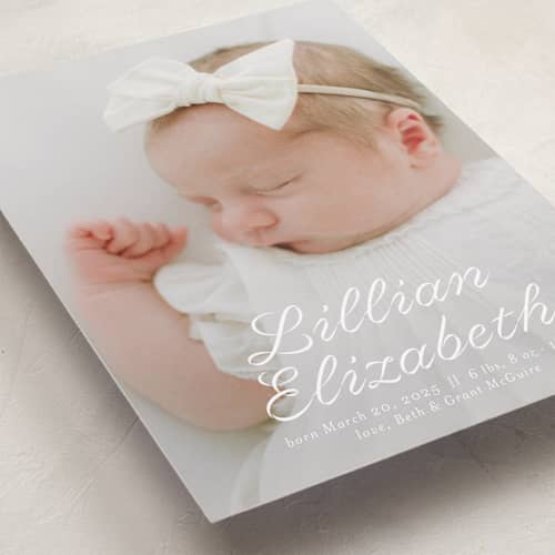 This is a cotton birth announcements with standard by Megan Davis called georgette printing on recycled smooth signature in standard