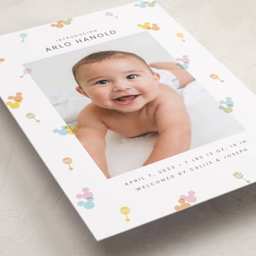 This is a candy birth announcements with standard by Ellen Schlegelmilch called disney's mickey confetti printing on recycled smooth signature in standard