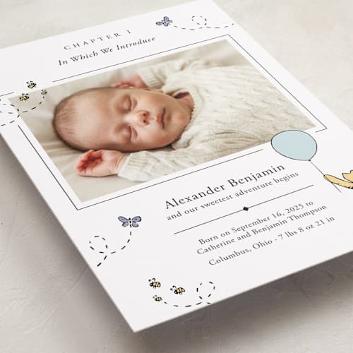 This is a cloud birth announcements with standard by Heather Schertzer called disney sweetest adventure printing on recycled smooth signature in standard