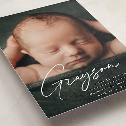 This is a frost birth announcements with standard by Everett Paper Goods called linear printing on recycled smooth signature in standard