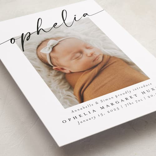 This is a coal birth announcements with standard by Meggy Masters called signature name printing on recycled smooth signature in standard