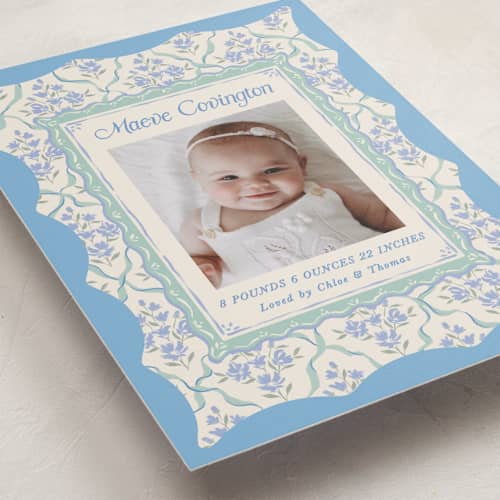 This is a periwinkle birth announcements with standard by Jackie Crawford called highgrove printing on recycled smooth signature in standard