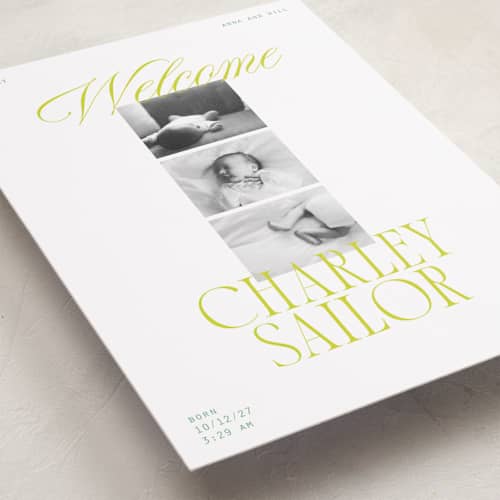 This is a citrus birth announcements with standard by Ashlee Townsend called little lemon printing on recycled smooth signature in standard