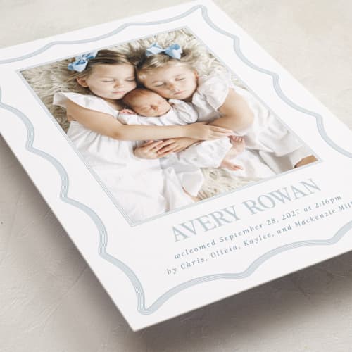 This is a powder birth announcements with standard by Jenna Holcomb called rickrack printing on recycled smooth signature in standard