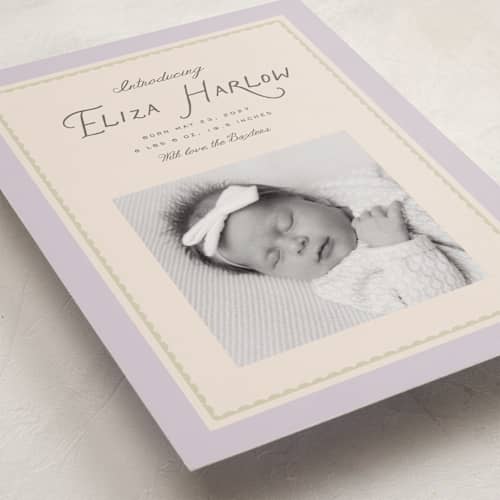 This is a grape birth announcements with standard by Everett Paper Goods called dolce printing on recycled smooth signature in standard