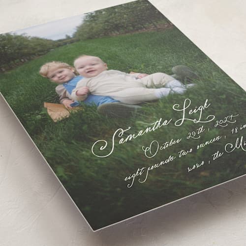 This is a snow birth announcements with standard by AK Graphics called penman printing on recycled smooth signature in standard