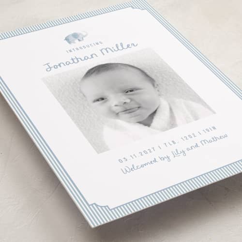 This is a sky birth announcements with standard by Teju Reval called sweet elephant printing on recycled smooth signature in standard