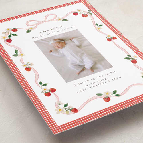 This is a cherry blossom birth announcements with standard by Itsy Belle Studio called fraises de bois printing on recycled smooth signature in standard