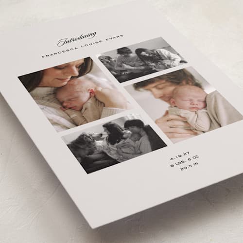 This is a parchment birth announcements with standard by Lea Delaveris called story printing on recycled smooth signature in standard