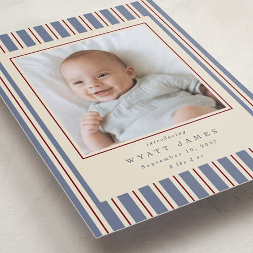 This is a lake birth announcements with standard by Robert and Stella called colorful stripes printing on recycled smooth signature in standard