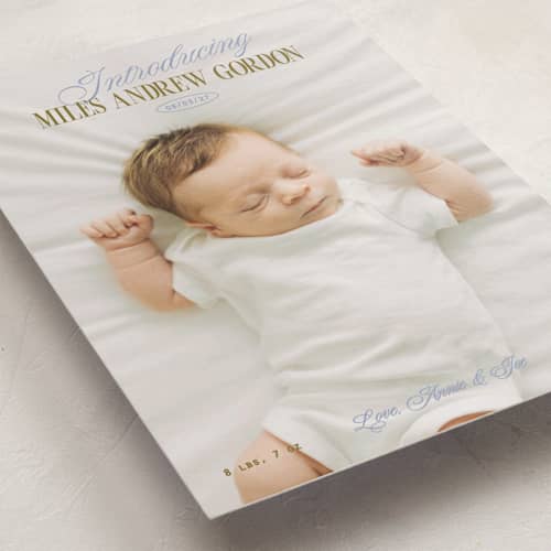 This is a periwinkle birth announcements with standard by Owl and Toad called introducing printing on recycled smooth signature in standard