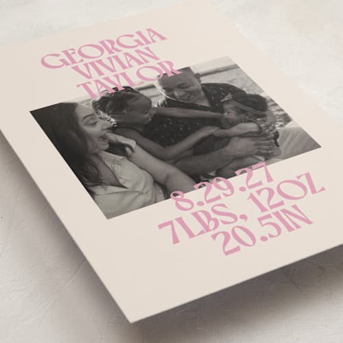 This is a bubblegum birth announcements with standard by Ekko Studio called type stack printing on recycled smooth signature in standard